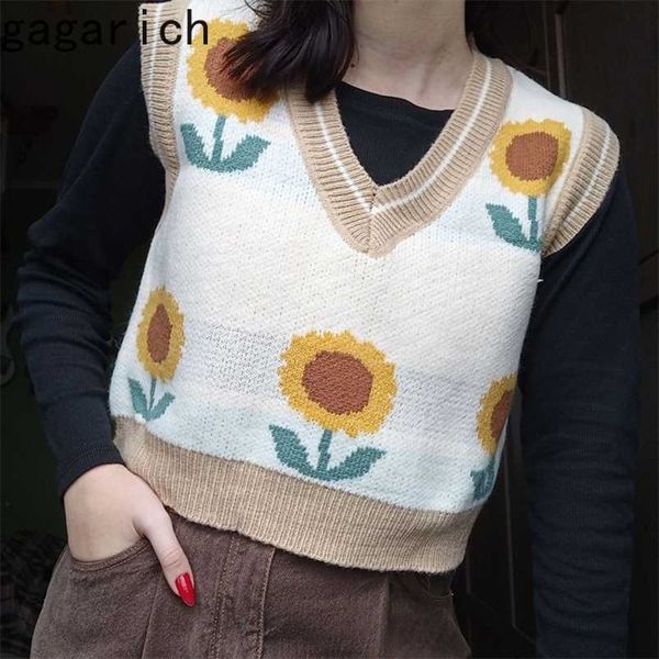 

gagarich women sweater korean style casual vest autumn jacquard sleeveless v-neck pullover sunflowers knitted fashion 211109, Black;white