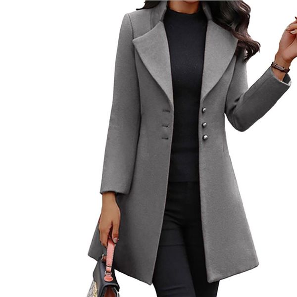 

women's wool & blends solid color women overcoats fashion pocket vintage jackets slim fit button casual outwear long sleeve turn-down c, Black