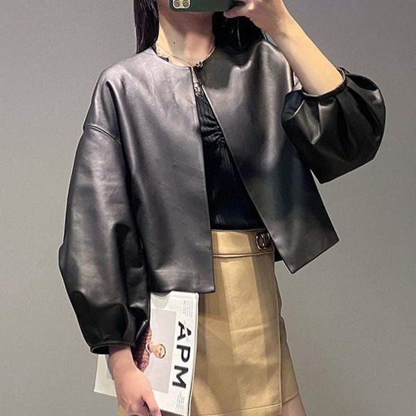 

women's jackets 2021 spring and autumn sheep skin small man korean loose leather round neck short coat women, Black;brown