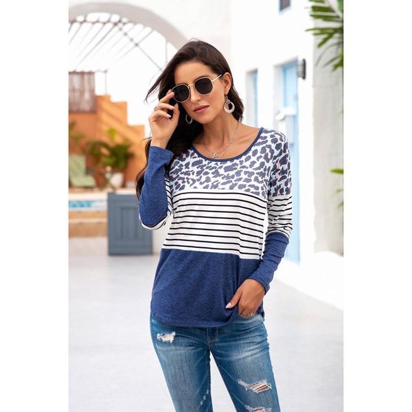 

leopard stripe solid patchwork autumn women casual tees cotton o neck clothes female shirt madame vÃªtement, White