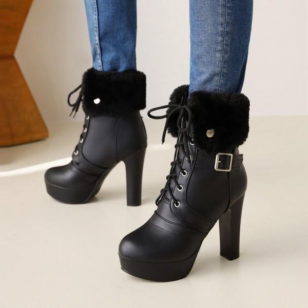 

boots 2021 hairy round head thick heel short fashion women's shoes lace up soled ultra-high, Black
