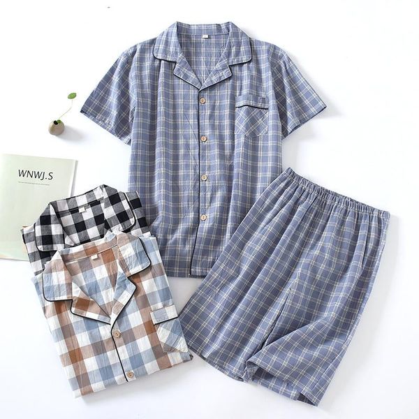 

men's sleepwear washed cotton short-sleeved shorts pajamas thin summer loose sweat-absorbent breathable suit pijama japones hombre, Black;brown