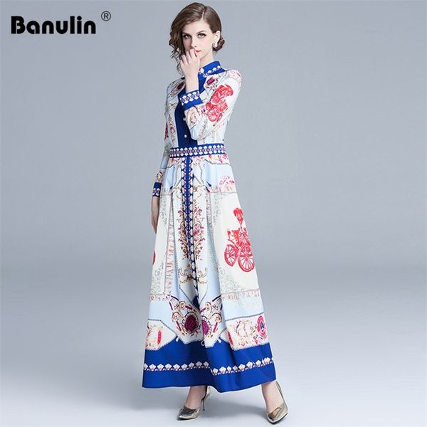 

banulin women designer dress spring luxury runway long sleeve floral print maxi female casual party 210603, Black;gray