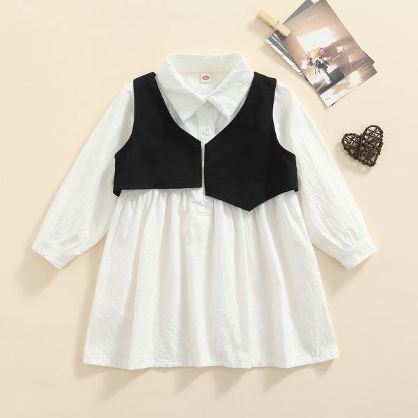 

girl's dresses girls solid color dress set long sleeve lapel neck large hem white midi dress+v-neck short vest for 2-7 years, Red;yellow