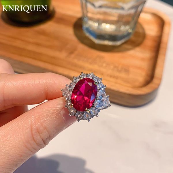 

cluster rings charms real 925 sterling silver 10*14mm ruby gemstone party for women vintage wedding ring lab diamond fine jewelry gift, Golden;silver
