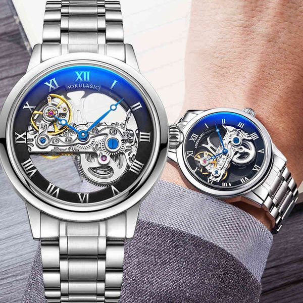 

aokulasic fashion automatic mechanical men wristwatch sports male clock brand luxury military army transparent man watch 015, Slivery;brown