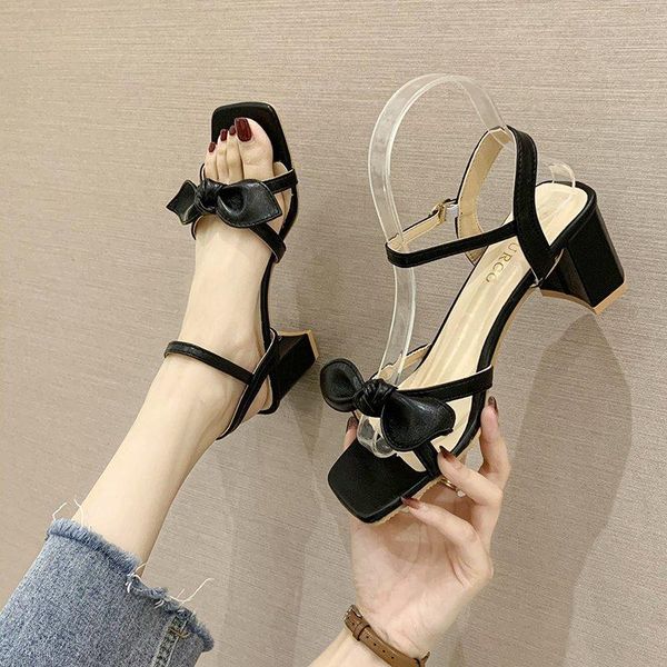 

dress shoes square open toe thick heeled woman ankle strap sandalias mujer drop elegant ladies bowtie high heels sandals, Black