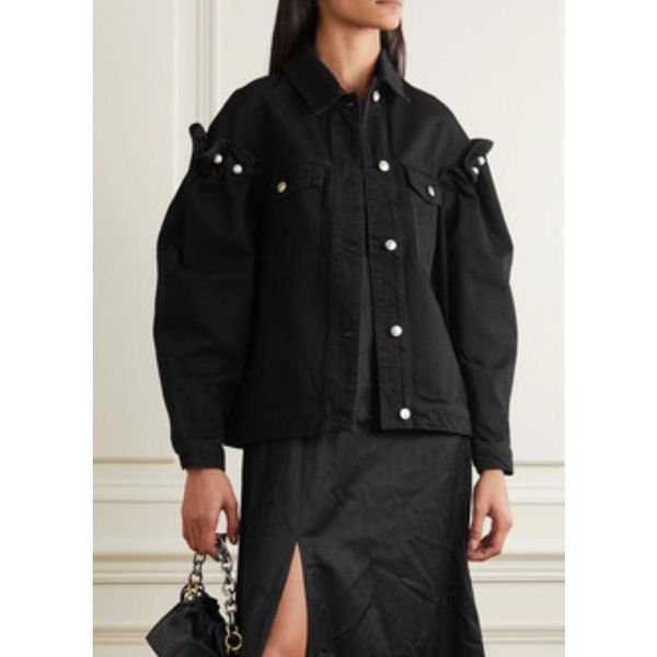 

autumn winter 10.25 fashion casual short denim jacket coat women pearl ruffles design outerwear three color women's jackets, Black;brown