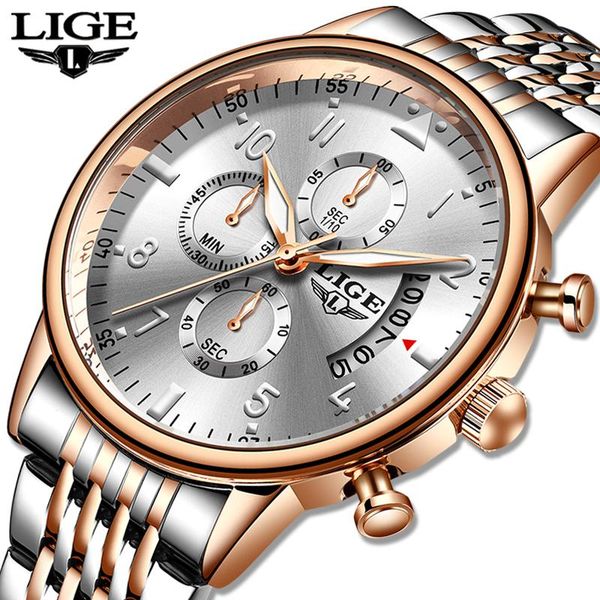 

wristwatches mens watches lige chronograph wrist watch all steel for men waterproof quartz relogio masculino, Slivery;brown