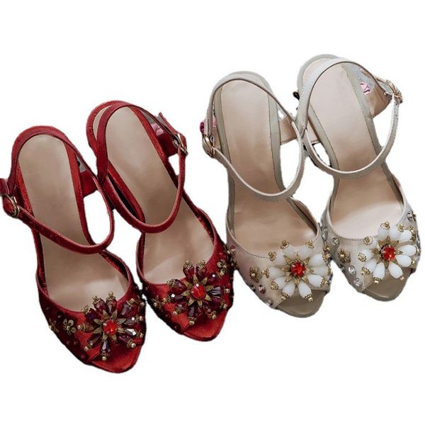 

70% off factory online summer new fish mouth sandals women's sheepskin beaded hollow high heels large wedding shoes, Black