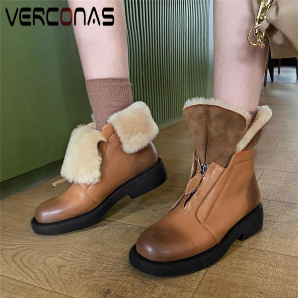 

boots verconas winter warm ankle for women retro casual genuine leather low heels shoes woman front zipper fur snow, Black