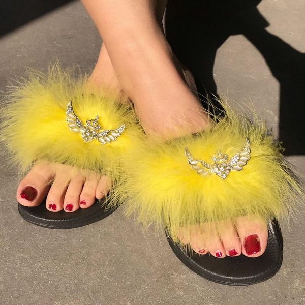 

summer faux fur women slippers furry flat sandals fashion crystal ladies shoes open toe outdoor slides female beach flip flops, Black