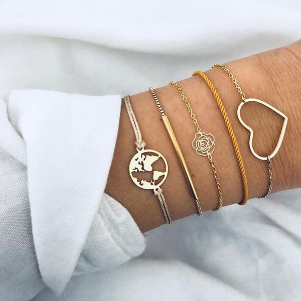 

link, chain 5 pcs/ set women exquisite flowers map heart love leather gold bracelet fashion charm party multilayer, Black