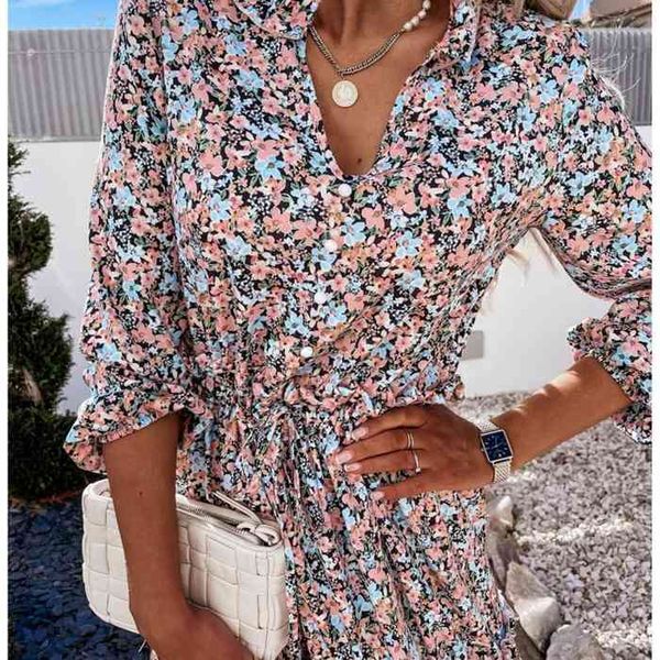 

2021 summer women vintage dress high waist ruffle lady casual dress v-neck elegant floral printed puff sleeve female dress, Black;gray