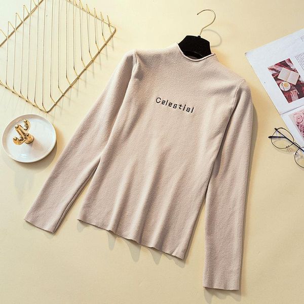 

winter autumn knitted pullovers loose women sweater letter embroidery turtleneck bottoming simple woman pl097, White;black