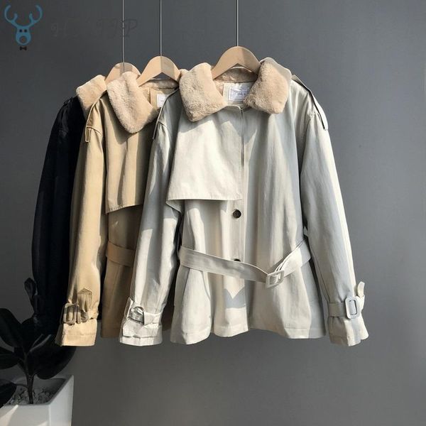 

women's trench coats winter wear korean women coat imitation mink velvet loose tooling waist cotton-padded jacket inner gallbladder h, Tan;black