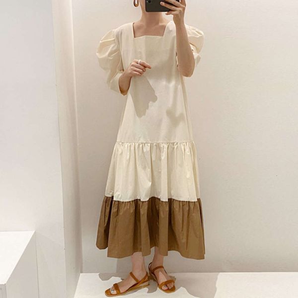 

casual dresses dress women clotheswomen clothesfrench square neck contrast stitching hem design loose bubble sleeve long vsac, Black;gray