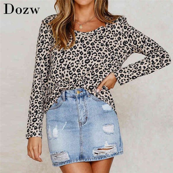 

t shirt women leopard print autumn long sleeve t-shirt ladies loose casual fashion tees o-neck streetwear camisetas 210414, White
