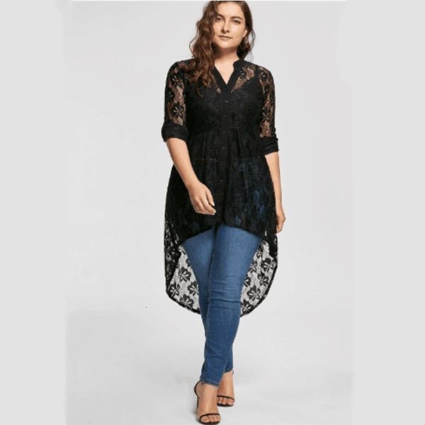 

bra plus peplum long sleeve high low lace floral shirts tunic large size women v-neck button blouse, Red;black