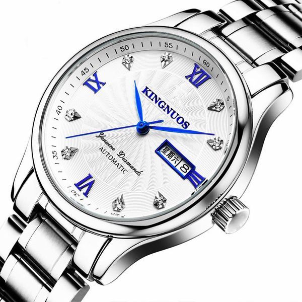 

wristwatches kingnuos men's watch automatic calendar date men quartz clock 30m waterproof scratch resistant stainless steel watchband w, Slivery;brown