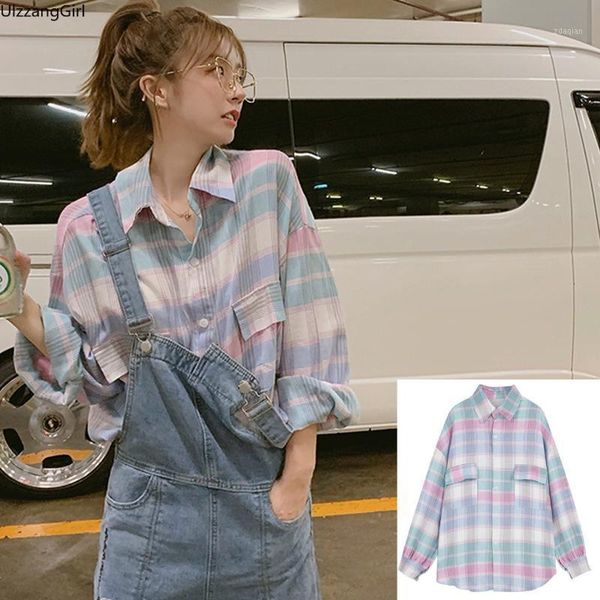 

women's blouses & shirts rainbow color block stripe plaid fashion cute blouse korean women ladies loose shirt long sleeve spring autumn, White