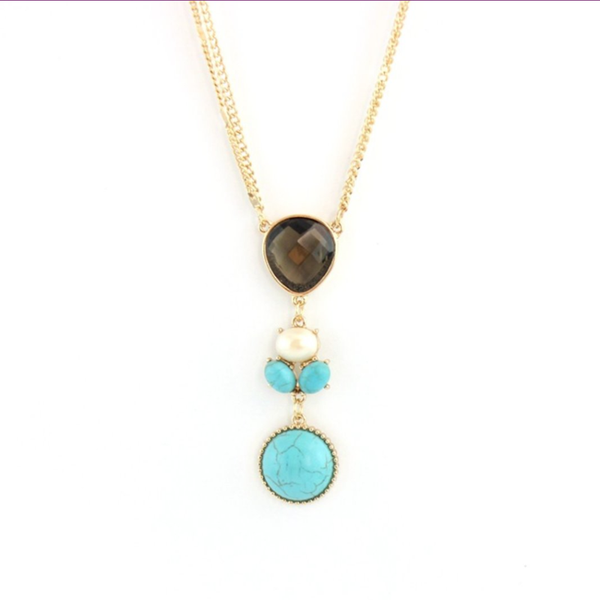 

pendant necklaces light yellow gold color alloy layer green turquoises stone link chain necklace gray glass jewelry, Silver
