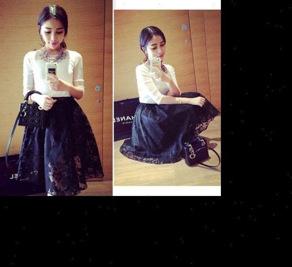 

2 piece fake women skirt lace hight waist elastic ball gown solid black size