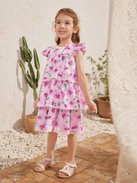 

toddler girls bow detail lace trim layered floral schiffy dress she, Red;yellow