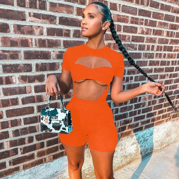 

women's tracksuits 2021 ins summer casual fashion women slim street nightclub hollowed-out plain shorts two-piece set, Gray