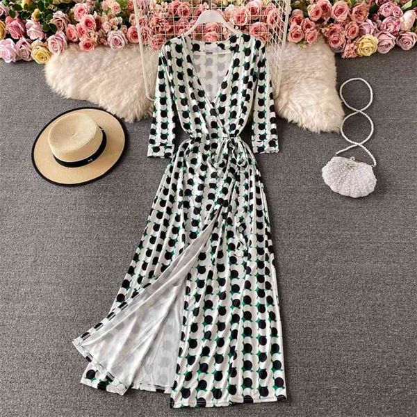 

summer style slim maxi vestidos women's split wrap skirt temperament v-neck tie waist printed one-piece dress c654 210506, Black;gray