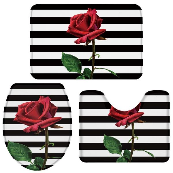 

bath accessory set black striped roses bathroom toilet cover mat pedestal rug non-slip accessories doormat