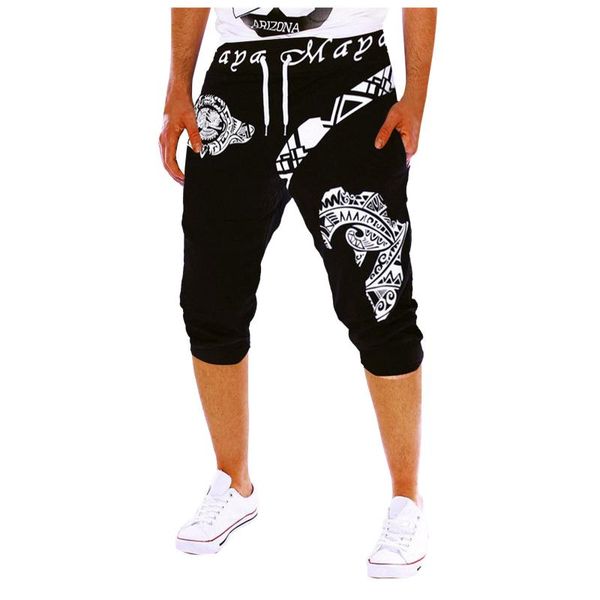 

men's pants summer digital print seven-point sweatpants fashion casual elastic band pocket men beach clothes, Black