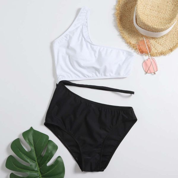 

the bikini women's one-piece conservative bikini open waist one shoulder black and white swimsuit, White;black