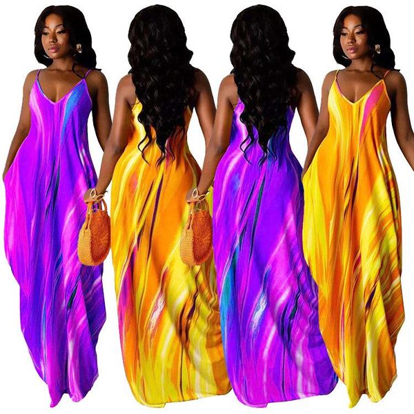 

casual dresses zaggin 2021 summer women printing 2-colors loose long dress lady spaghetti strap v-neck sleeveless plus size full, Black;gray