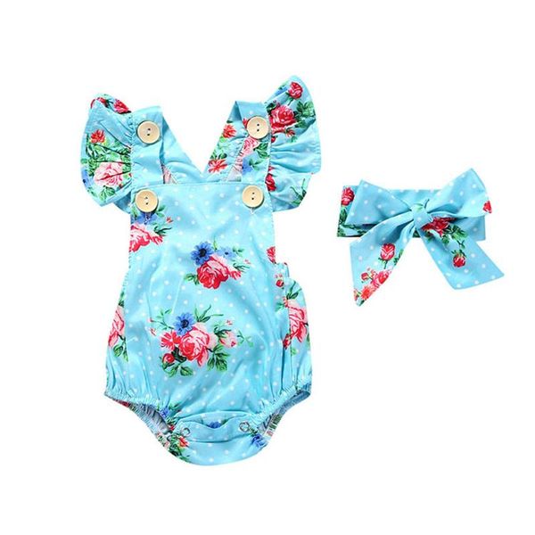 

born baby girl clothes set sleeveless floral print romper jumpsuit with headband outfits 0-24m infant clothing 2pcs rompers, Blue