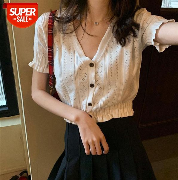 

waist slimming short white knit sweater hollow air quality versatile v-neck thin short-sleeved cardigan women #kn9f, Black