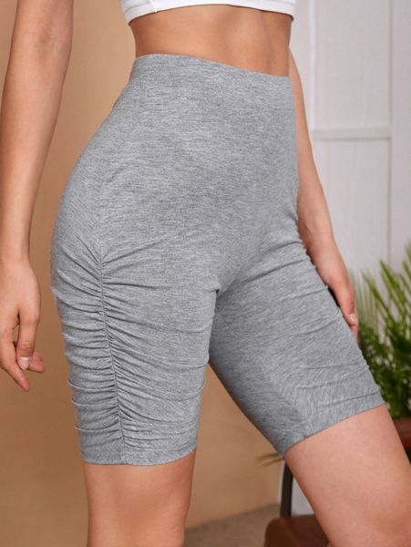 

ruched side solid biker shorts i89k#, Black