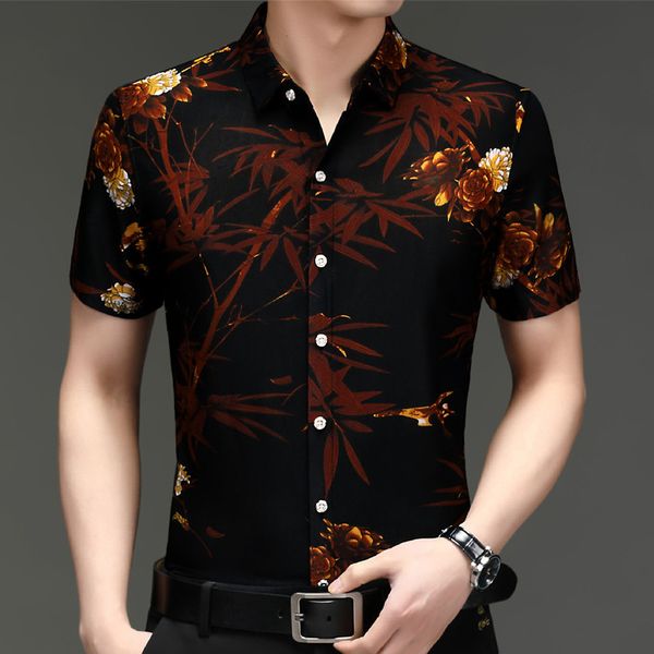 

bamboo shirts men short sleeve print casual mens shirt summer brand camisas oversized work business wedding chemise homme 210524, White;black