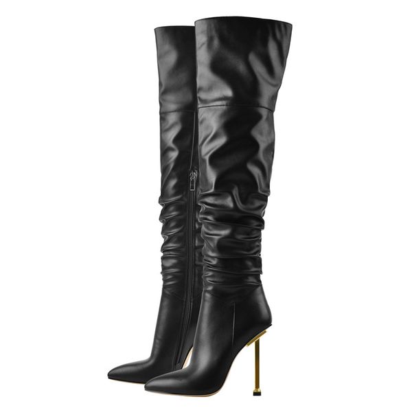 

womens pointed toe metal heel black matte side zip knee high boots big size lady fashion classic long winter boots