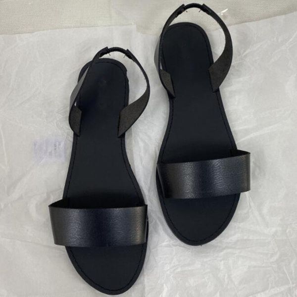 

sandals for women 2021 good quality leather summer shoes woman flat with simple style back strap brand ladies shallow footwear, Black