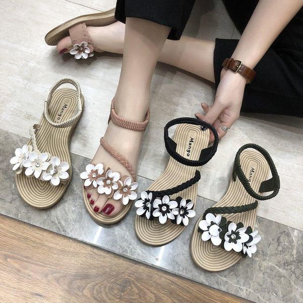 

summer wild flat-bottom hong kong holiday beach shoes fairy wind small clear sweet flowers roman sandals women, Black