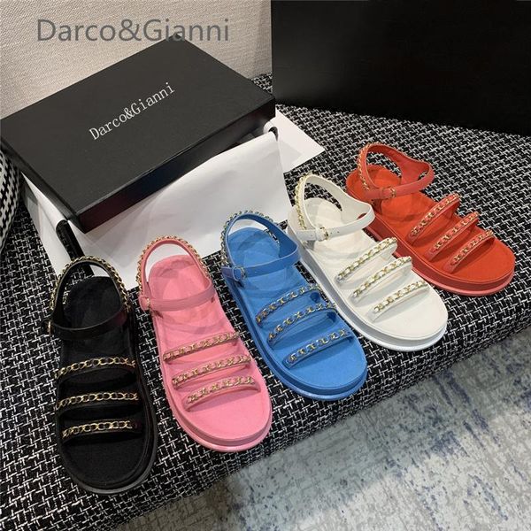 

genuine leather women beach shoes for woman summer outdoor flat sandals casual sneakers sandalias with metal chain, Black