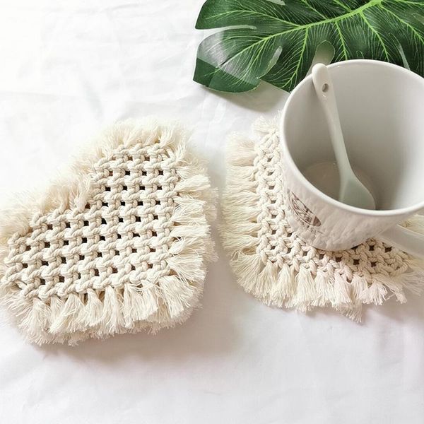 

mats & pads 16cm creative boho rope cotton braid handmade knitted macrame cup cushion bohemia style non-slip mat for home decor