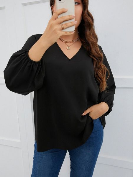 

plus v neck puff sleeve blouse c6ta#, Black