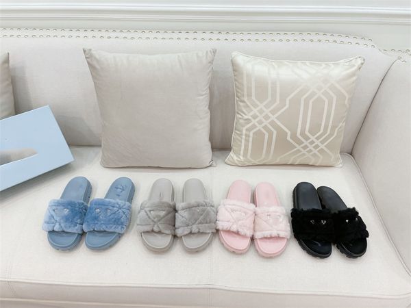 

women fur slippers designer wool slippers brand plush triangle metal p solid color flip flop fashion winter warm rubber non-slip bottom clou, Black