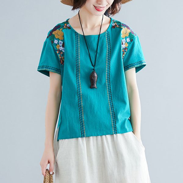 

dress f je female summer t plus size cotton flax flower embroidered neck vintage loose shirt femme 5 colours l8119, Black;gray