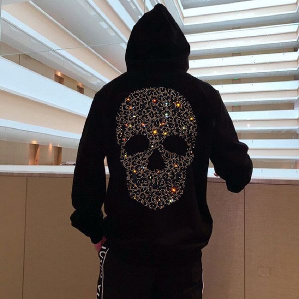 

men's hoodies & sweatshirts man-made hoodie quickly send luxury nightgown loose hip hop bright skull heavy craftsmans size 5xl diamond, Black
