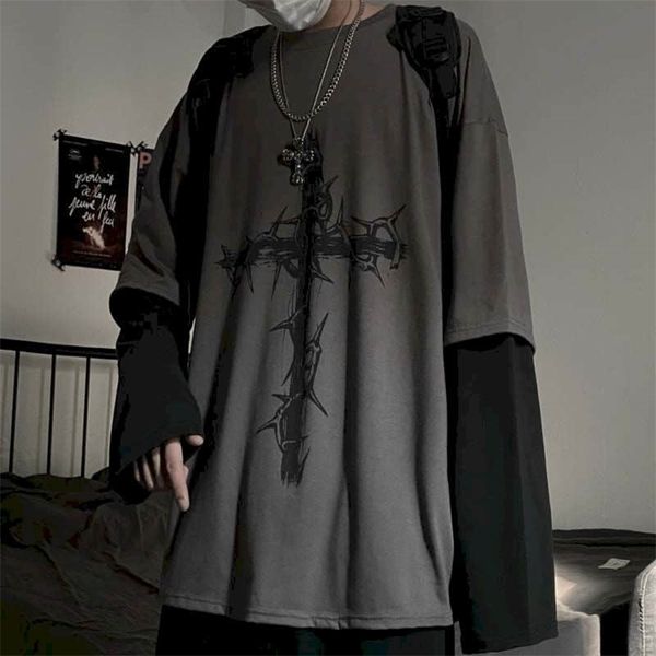 

t-shirt cross of thorns fake two-piece for men women long-sleeved dark hip-hop loose large size autumn new trend simplicity 210409, White;black