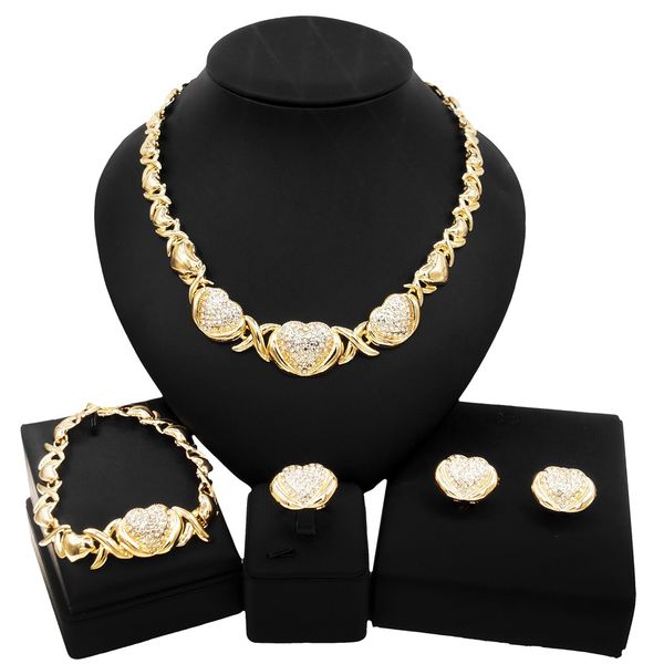 

yulaili american gold plated 18k 3 big heart design xo necklace jewelry set copper alloy kiss and hug crystal designed for the party jewelle, Black