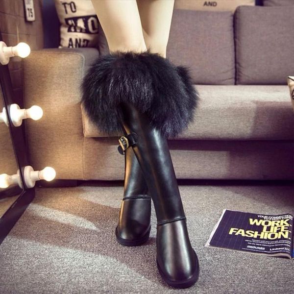 

boots ladies winter snow warm fur lining real trim leather knee high thick flats shoes australia 2021, Black